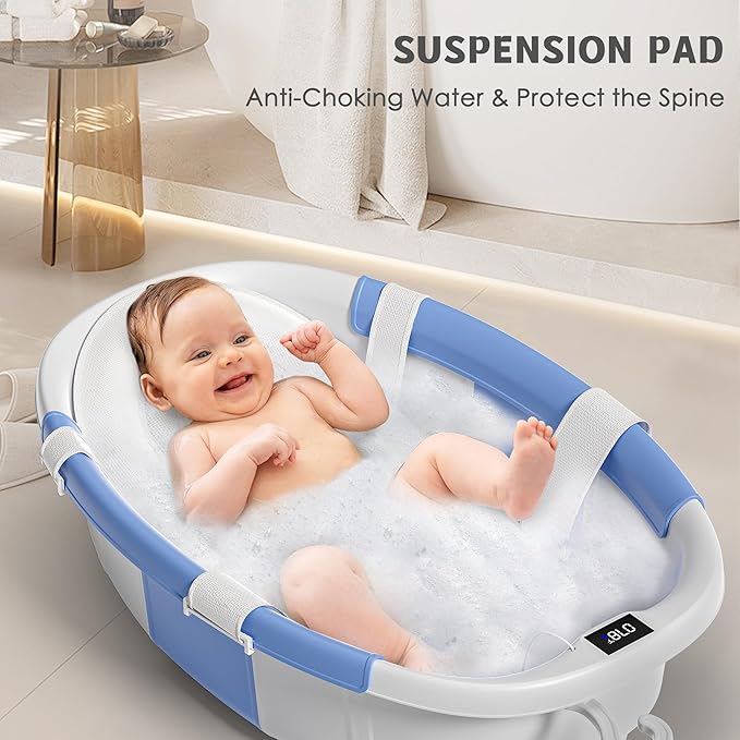 Collapsible Baby Bathtub for Newborn to Toddler 0-36 Months,Extra Large Foldable Infant Bath Tub with Thermometer,Cushion & Drain Hole,Portable Travel Tub, Baby Shower Gift Blue