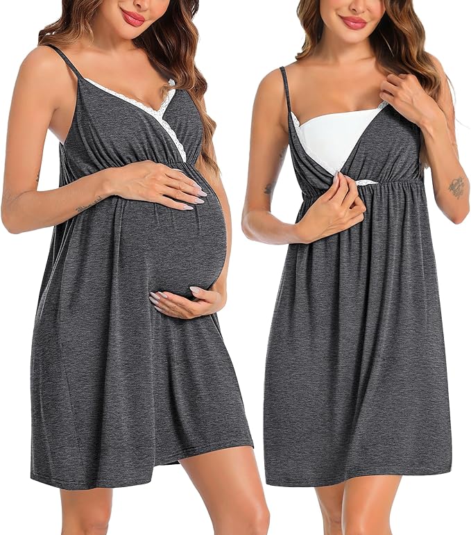 SWOMOG Womens Maternity Robe 2 Piece Nursing Nightgown for Breastfeeding 3 in 1 Labor Delivery Nursing Dress Lace Bathrobe