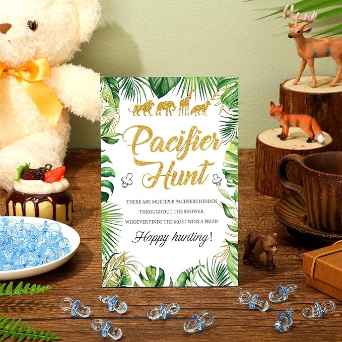 Thyle 51 Pcs Pacifier Hunt Baby Shower Games Include Hunt Sign and 50 Acrylic Pacifiers for Baby Shower Game Decoration Gift Sets Gender Reveal Party Decor(Jungle Animals)