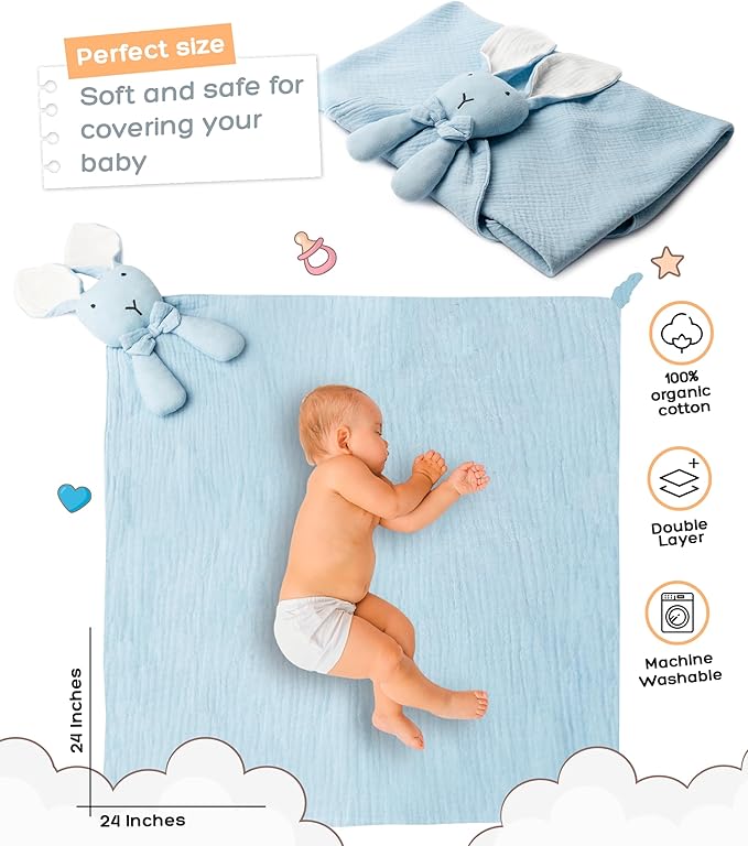 Baby Lovey Blanket β Muslin Security Blanket with Plush Bunny for Newborn Boys or Girls β Soft and Cozy Lovey 24 x 24 inches