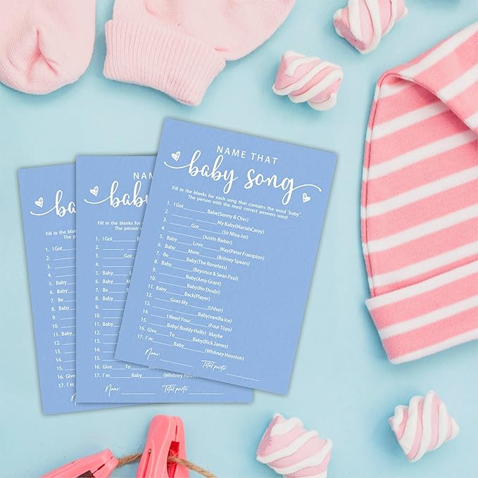 EXW Baby Shower Games for Boy Or Girl, Name That Baby Song, Funny Baby Shower Game Cards, Gender Neutral, Baby Shower Party Supplies & Decorations, 30 Game Cards & 1 Answer Card -B11