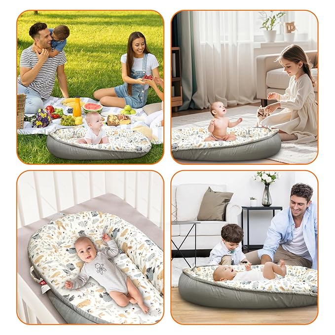 Baby Lounger for Newborn 0-24 Months, Baby Nest Cover Breathable and Soft Cotton, Infant Lounger with U-Shaped Safety Bumper for Cozy Comfort Baby Essentials (Owl Rabbit)