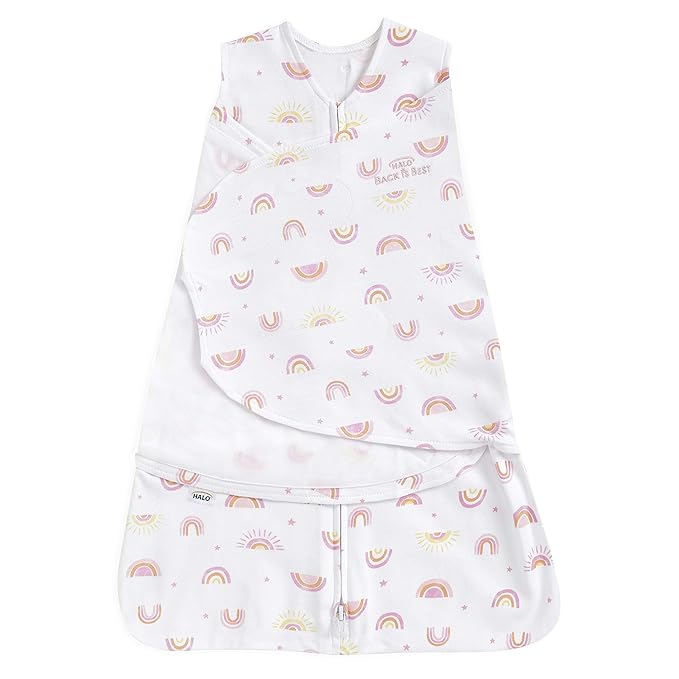 HALO 100% Cotton Sleepsack Swaddle, 3-Way Adjustable Wearable Blanket, TOG 1.5, Sunshine Rainbows, Newborn, 0-3 Months