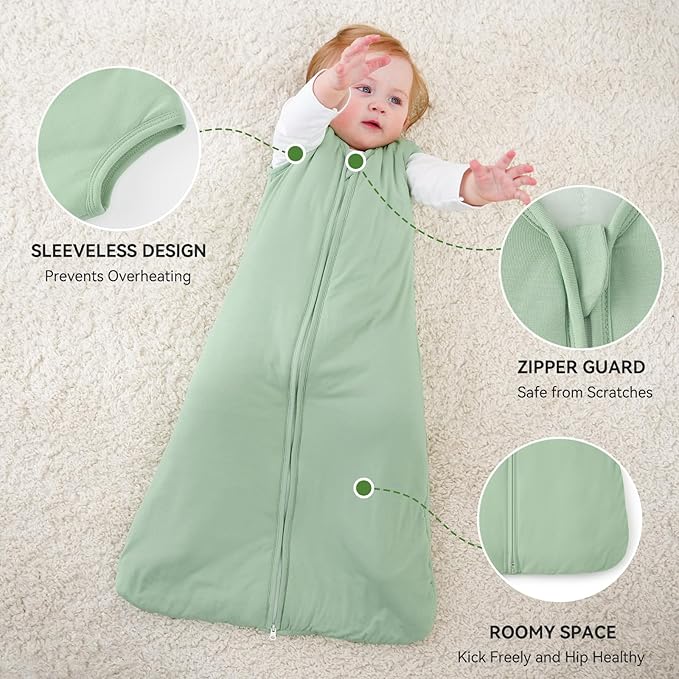 Rayon Made From Bamboo Baby Sleep Sack, SuperSoft 6-12 Months 1.0 Tog Baby Wearable Blanket, Sleeping Sack for Toddler Infant with 2-Way Zipper, Lightweight & Roomy,Green