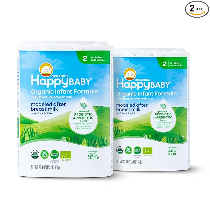 Happy Baby Organics Stage 2 Infant Formula, 6 12 Months, Milk Based Organic Baby Formula Powder with Iron, Probiotics & Prebiotics for Immune & Digestive Support, 22.9 Ounce (Pack of 2)