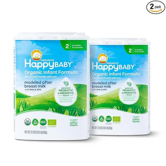 Happy Baby Organics Stage 2 Infant Formula, 6 12 Months, Milk Based Organic Baby Formula Powder with Iron, Probiotics & Prebiotics for Immune & Digestive Support, 22.9 Ounce (Pack of 2)