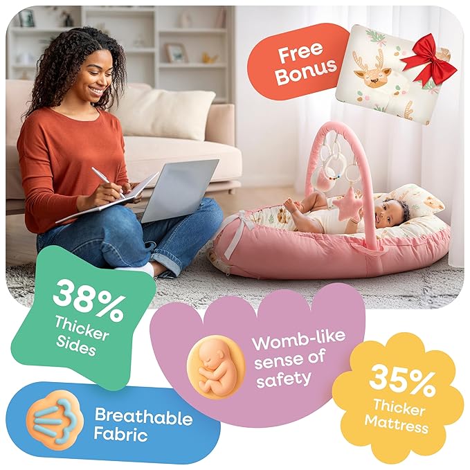 Portable Baby Lounger for Newborn w/Removable Arch & 3 Toys - Infant Lounger w/ 38% More Protection - Comfort, Breathable and Soft Floor Dock a Tot for Home and Travel | 0-24 (Pink)