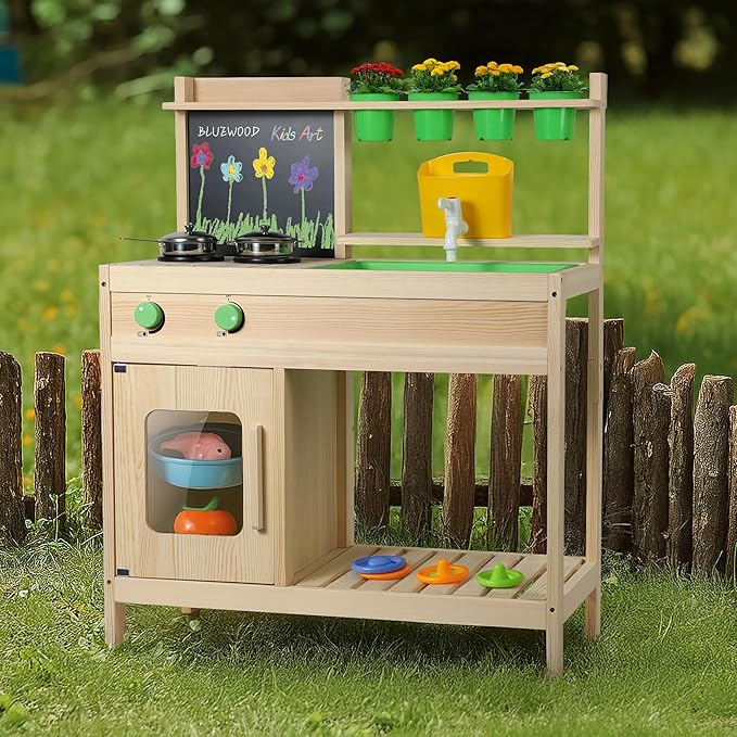 BlueWood Mud Kitchen for Kids Outdoor, Wooden Play Kitchen Set with Sink, Stove, Chalkboard, Montessori Toddler Outdoor Kitchen Playset for Backyard Fun