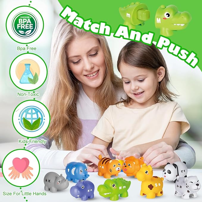 52PCS Animal Alphabet Learning Toys for Toddlers 2-4, 10 Different Animal Figures, Montessori Educational Toys Gifts for Boy Girl, Preschool Learning Activities, Double Sided ABC Matching Game 