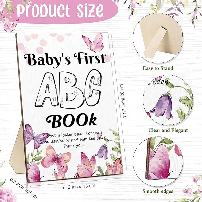 Geelin 51 Pcs Fun Baby Shower Game Activities First ABC Book Sign Coloring Game Card 26 Alphabet a to Z Coloring Card with 24 Watercolor Pen Storage Bag for Baby Shower Party(Butterfly)