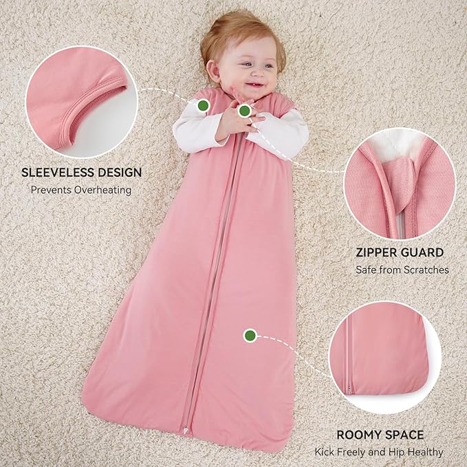 Rayon Made From Bamboo Baby Sleep Sack, SuperSoft 6-12 Months 1.0 Tog Baby Wearable Blanket, Sleeping Sack for Toddler Infant with 2-Way Zipper, Lightweight & Roomy, Pink