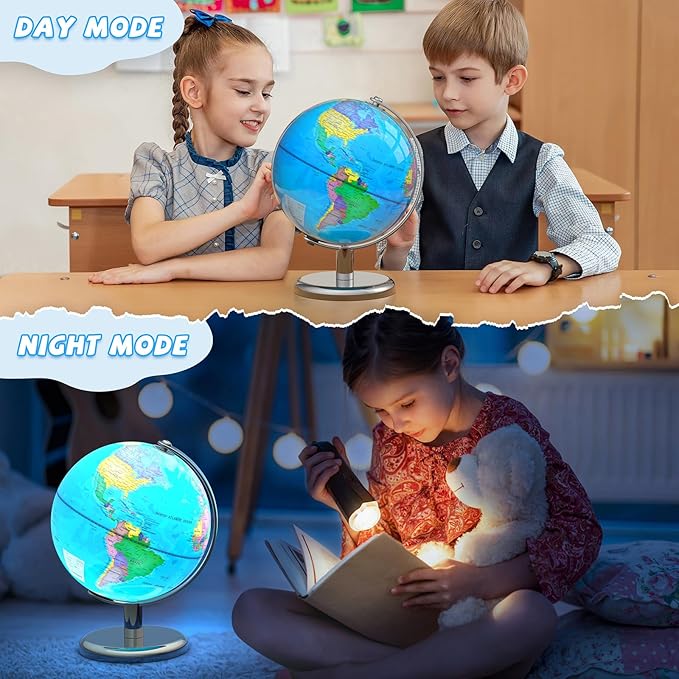 Illuminated World Globe for Children – 8" Globe Lamp with World Map for Kids, Stable Heavy Metal Base, Interactive STEM Learning Gift & Night Light