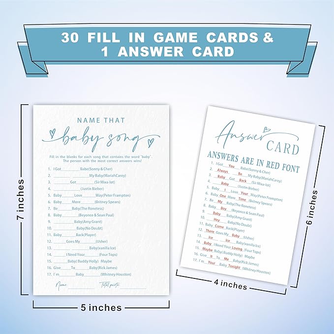 Name That Baby Song Game Set For Baby Shower - Minimalism White & Blue - 30 Double-Sided Fill In Style Game Cards & 1 Answer Card For Gender Reveal, Baby Announcement, Party Favor & Supplies - C04