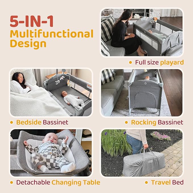 HARPPA Pack and Play 5 in 1, Portable Baby Playard for Travel, Baby Bassinet Bedside Sleeper with Mattress, Rolling Bassinet for Infant, Pack n Play with Changing Table, Bed Crib(Gray)