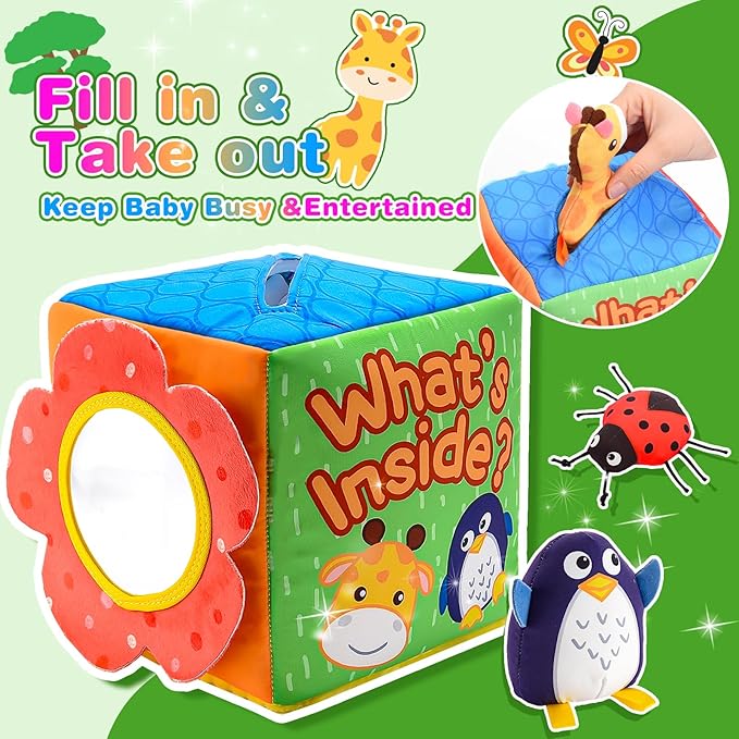 Baby Toys 6-12 Months, Mystery Montessori Sensory Soft Box Toy with 8 Stuffed Animals for 6 7 8 9 10 12 Month Old Babies Girl Boy Gifts Learning Busy Boxes Birthday for Infant & Toddler