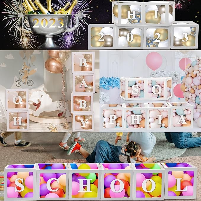 White Transparent Balloon Boxes With 78 Letters, Name Boxes for Baby Shower, Clear Baby Box Blocks Backdrop for 1st Birthday, Bridal Shower, Graduation Prom Party, Gender Reveal Decoration, 6 PCS