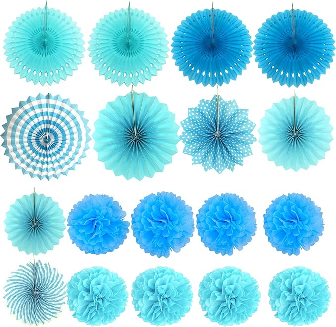 ZERODECO Party Decoration, 21 Pcs Blue Hanging Paper Fans, Pom Poms Flowers, Garlands String Polka Dot and Triangle Bunting Flags for Boy Birthday Parties, Bridal Showers, Baby Showers, Wedding