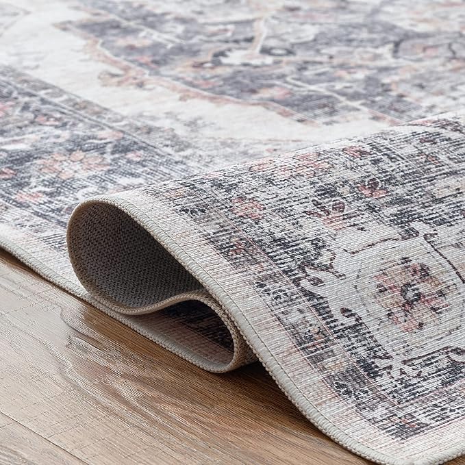jinchan Area Rug 4x6 Washable Vintage Rug Floor Cover Traditional Thin Grey Multi Distressed Floral Print Indoor Mat for Bedroom Living Room Kitchen Dining Room