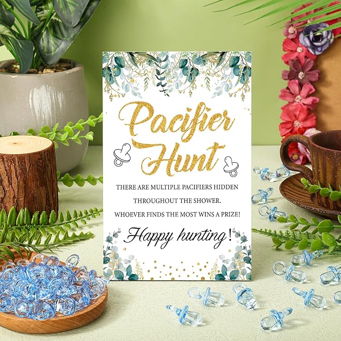 Thyle 51 Pcs Pacifier Hunt Baby Shower Games Include Hunt Sign and 50 Acrylic Pacifiers for Baby Shower Game Decoration Gift Sets Gender Reveal Party Decor(Greenery)