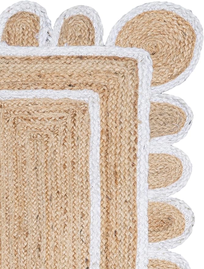 Shiv Shakti Exports Scalloped Natural Jute Area Rug, Natural Base Off White Trim (2.6x6 Feet)