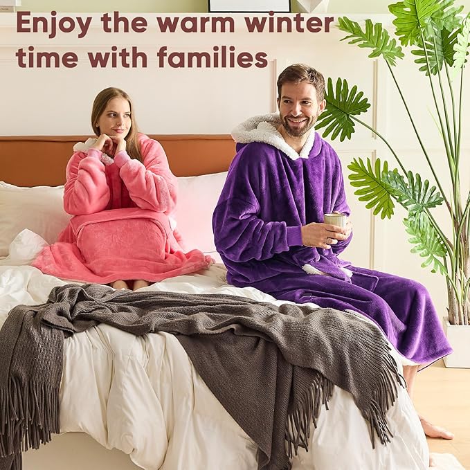 yescool Wearable Blanket Hoodie - birthday gifts for Adults/Women/mom, Flannel Cozy Sherpa Fleece Blanket Sweatshirt with Hood, Pocket & Sleeves, Large, One Size Fits All (Deep Purple)