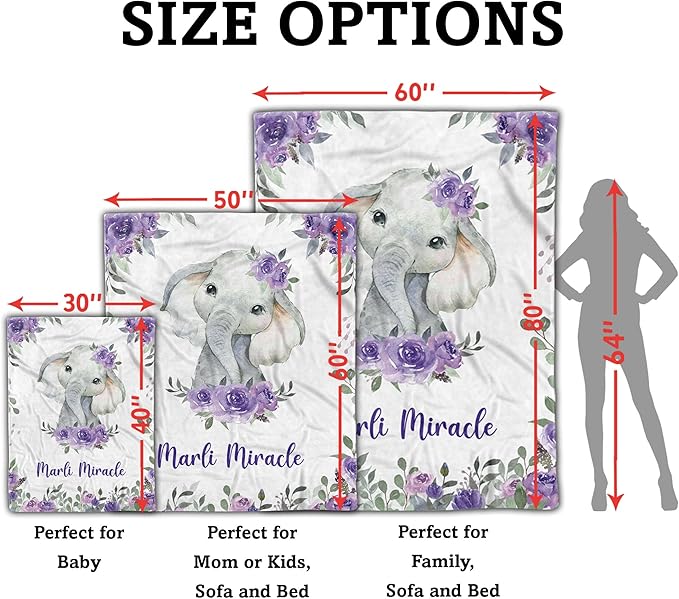 Arteaga Personalized Baby Blanket for Girls - Customized Purple Elephant Design - Super Soft Plush Fleece, 30''x40'' for Newborn, New Mom