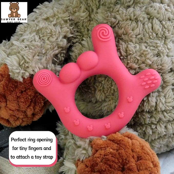 I Love You Silicone Hand Teether, Teethers for Babies 3-6 Months, Soft Teething Toys 6-12 Months bpa Free, Massaging Teething Relief (Electric Pink)