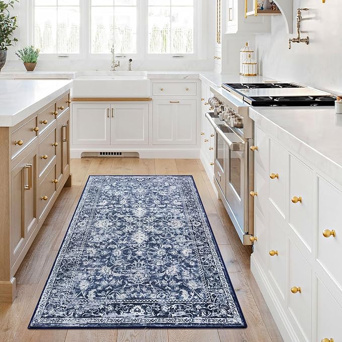 KILOCOCO Area Rug 3x5 Entryway Rug Washable Printed Vintage Floral Rubber Backed Non Slip Indoor Kitchen Rugs for Living Room Laundry Room Playroom Mudroom Moroccan Area Rugs, Blue