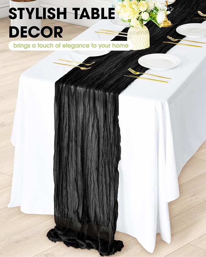 Pureegg 3-Pack Cheese Cloths Table Runner, 120'' Boho Table Cloth Decorations for Party, Baby Shower, Wedding and Farmhouse, Fabric Room Decor, Black