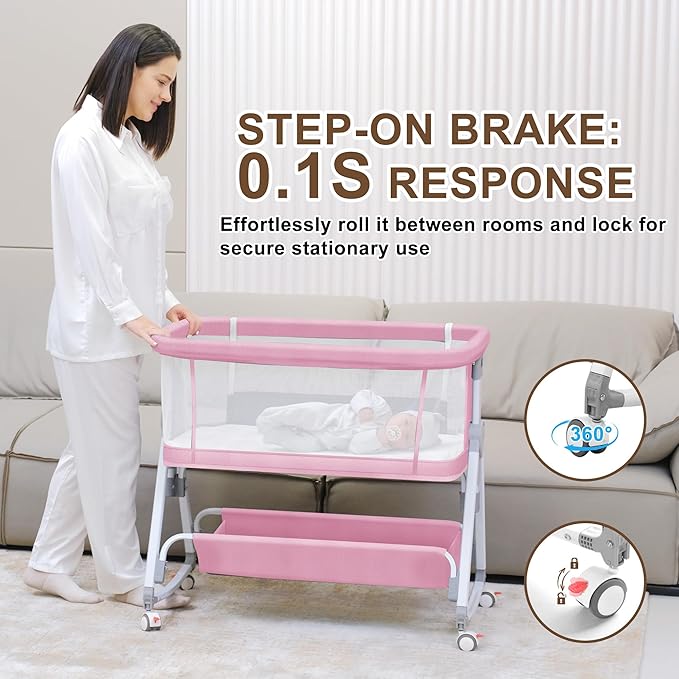 Baby Bassinet with Musical Toy,3 in 1 Baby Bassinets Bedside Sleeper,All Mesh Bedside Bassinet with Storage Basket and Wheels,7 Height Adjustable Bedside Crib for 0-6 Months Baby (Pink)