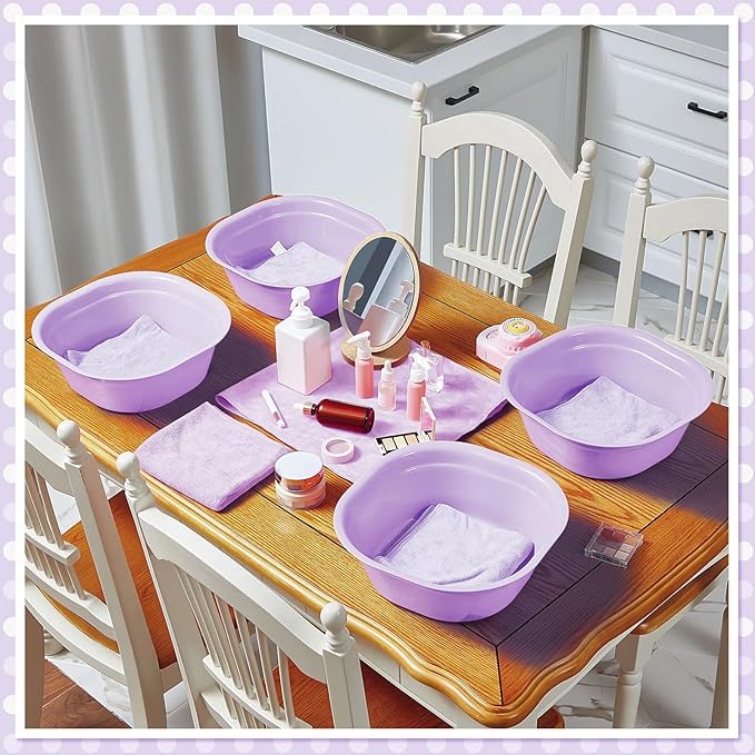 Patelai 6 Sets Kids Foot Spa Kit for Girl 12 x 12 x 4.3 Inch Foot Tub 14 x 30 Inch Hand Towels Washbasin Towels for Spa Party Sleepover Party Supplies (Light Purple)