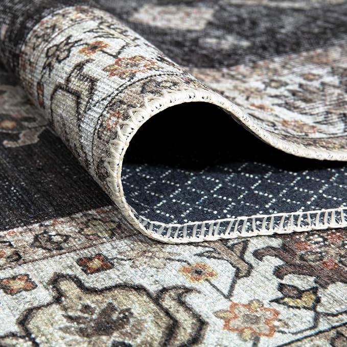 Bloom Rugs Washable Non-Slip 12 ft Runner - Black/Ivory Traditional Runner for Entryway, Hallway, Bathroom, and Kitchen - Exact Size: 2.5' x 12'