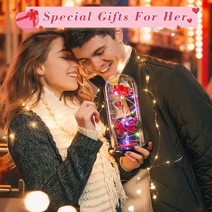 DEEMEI Birthday Gifts for Women Red Rose Eternal Flower Light Up Rose in Glass Dome with Butterfly, Flowers for Delivery Prime Anniversary Grandma Mom Gift Wife Girlfriend