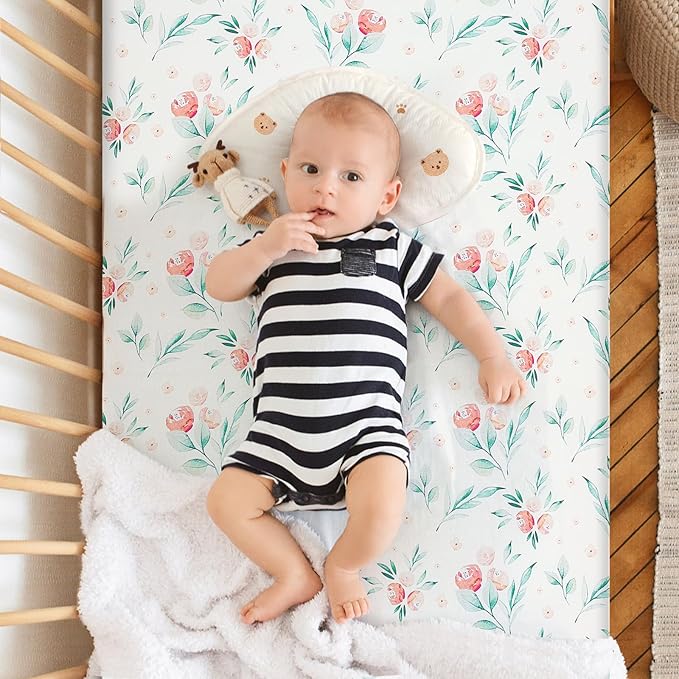Pack n Play Flat Sheet 2 Piece Mini Crib Sheet Elastic Playard Sheet Set Portable Sheet Set Elastic Convertible Playmat Compatible Graco Pack n Play (Owl and Tree Bag) (Pink Flowers)