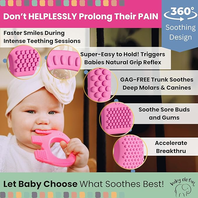 Teethers for Babies 6-12 Months - Baby Elefun 5x Pain Relief Toddler Teether. No More Ouch for Mom Anti Bite Trainer. Nurtures Grasping, Passing, Hand Eye Coordination. Silicone Baby Teething Toy Ring