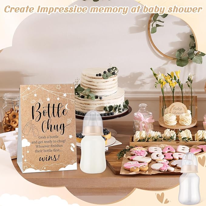 TrelaCo Bottle Chug Baby Shower Game 20 Pcs Baby Bottles Shower Favor with 1 Kraft Theme Sign for Gender Reveal Party Supplies Gifts(Beige)