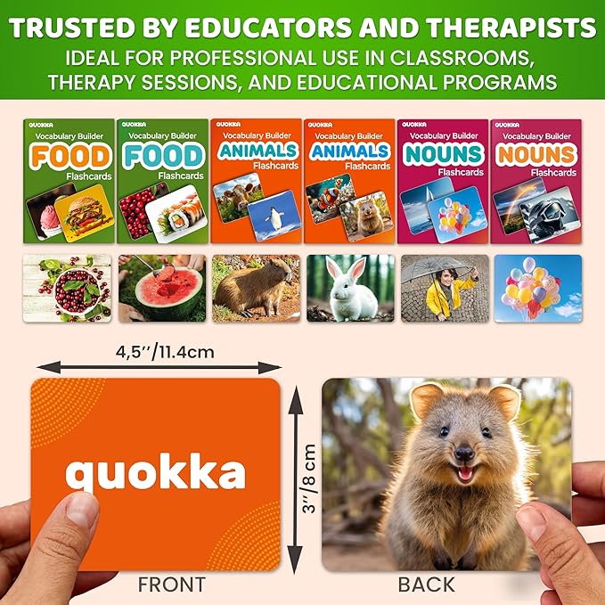 QUOKKA 312 Noun Flash Cards Set – Kids and Adults Vocabulary Builder for ABA Therapy, Early Childhood Education, and ESL Teaching – Picture Cards for Speech Therapy and Vocabulary Building Activities
