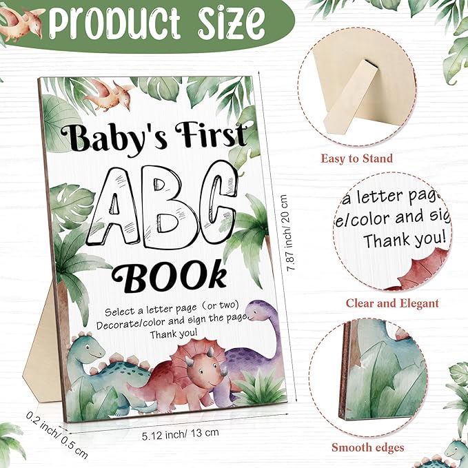 Geelin 51 Pcs Fun Baby Shower Game Activities First ABC Book Sign Coloring Game Card 26 Alphabet a to Z Coloring Card with 24 Watercolor Pen Storage Bag for Baby Shower Party(Dinosaur)