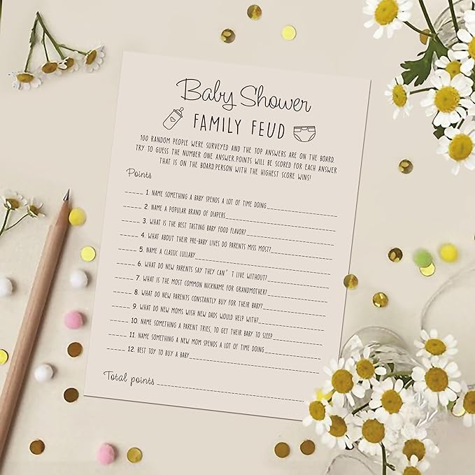 Baby Shower Family Feud Game - 30 Cards, Answer Key, Gender Neutral Decorations for Boy & Girl - Light Brown
