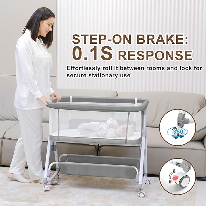 Baby Bassinet Bedside Crib, 3 in 1 Baby Bassinet Bedside Sleeper with Musical Toy, Adjustable Portable Crib All Mesh Bedside Bassinet with Storage Basket, Grey