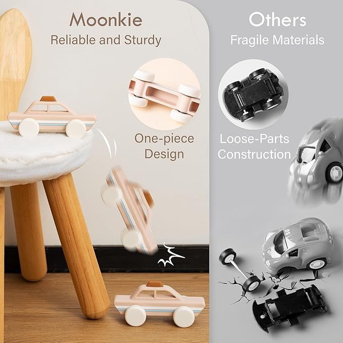 Moonkie Food-Grade Silicone Toy Cars for Toddlers 6M+ | Push & Go Baby Vehicles | One-Piece Safe Design, Easy to Clean & Grasp | Perfect 1st Birthday Gift | 3-Pack