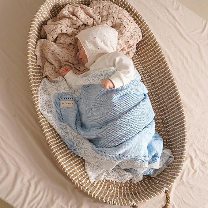 100% Organic Cotton Baby Blanket Knitted Softer Receiving Swaddle Warm Cozy Cuddle Crib Blanket for Newborns Infants Toddlers Boy and Girls Sky Blue