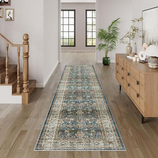 Dripex Hallway Runner Rug 2x10, Washable Rug Kitchen Rug Non Slip with Rubber Backing Soft Thin Vintage Carpet Runner for Entryway Bedroom Bathroom Laundry Room Living Room Decor, Blue/Green