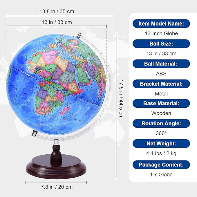 World Globe for Children and Adults, 13 inch Educational Spinning Earth Map with Stand, Self-Assembled Interactive World Globes for Kids Learning, Classroom, Students Desk, Room and Office Decor