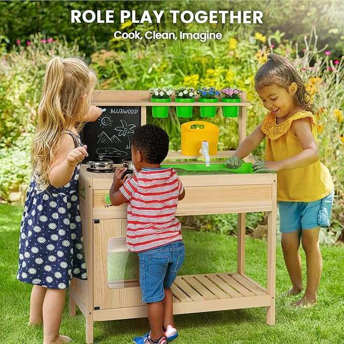 BlueWood Mud Kitchen for Kids Outdoor, Wooden Play Kitchen Set with Sink, Stove, Chalkboard, Montessori Toddler Outdoor Kitchen Playset for Backyard Fun