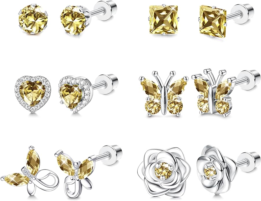 THUNARAZ Hypoallergenic Screw Back Earrings for Girls Women Surgical Stainless Steel Stud Earrings for Sensitive Ears Cute Butterfly Flower Heart CZ Screwback Earring Kid Toddler Girls Jewelry Gift