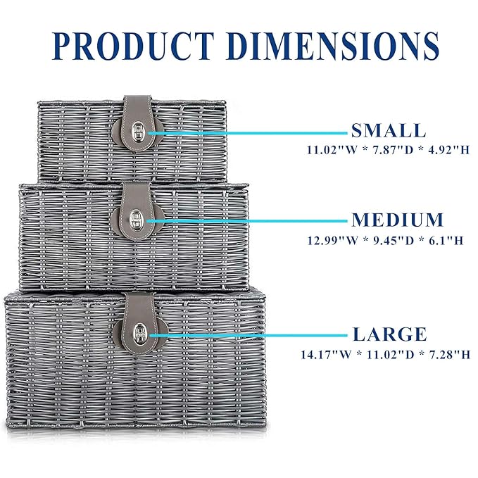 Set of 3 Woven Storage Basket Bin Wicker Hamper Stackable Box with Lid & Lock, Container Tote Cube Organizer for Nursery, Baby Toiletry, Diaper, Toys, Home Closet, Laundry, DVD, Book (Grey)