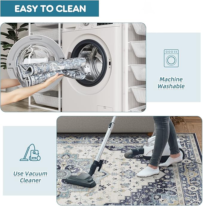 Dripex Washable Area Rug 6x9 Living Room Rug Stain & Water Resistant Foldable Thin Vintage Rugs Faux Wool Floor Carpet for Bedroom Dining Room Kitchen Bathroom Farmhouse Office