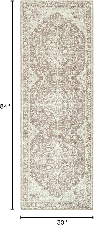 Bloom Rugs Washable Non-Slip 7 ft Runner - Light Brown Traditional Medallion Runner for Entryway, Hallway, Bathroom, and Kitchen - Exact Size: 2.5' x 7'