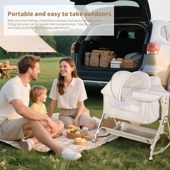 Baby Bassinet 5 in 1,Baby Bedside Bassinet with Diaper Table, Mosquito Net, Mattress, Storage Layer, Can Be Stored in One Button Travel Crib (Beige)